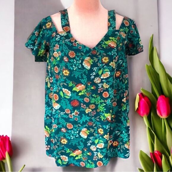 MONTEAU TOP BLOUSE COLD SHOULDER FLORAL PRINT LARGE - Picture 1 of 7